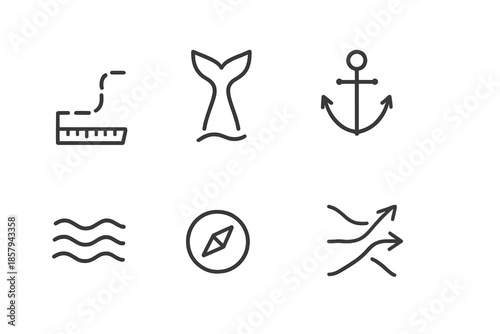 Aquatic Mapping Icons. Line style icons of aquatic mapping elements: scale route, fin mark, flowing current, marine symbol, wave