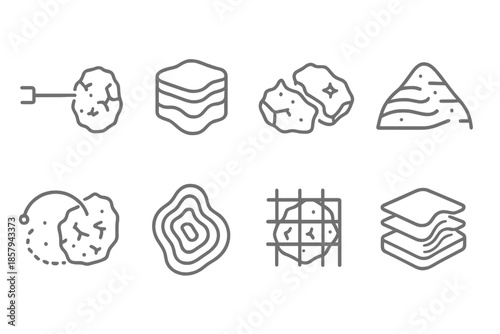 Ancient Spectroscopy Icons. Line style icons of ancient debris spectroscopy: glowing beam, layered cross-section, reflective