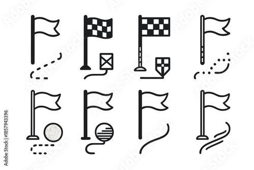 Line Style Goal Icons. Line style icons of variegated goal posts: gradient pole, layered dot path, patterned checkpoint, subtle