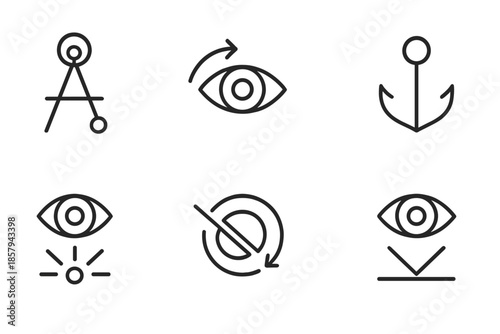 Retinal Mechanical Icons. Line style icons of retinal mechanical balance: pivot node, curved gaze, aligned joint, optical anchor,