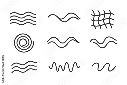 Harmonic Flow Icons. Line style icons of harmonic flow mapping: layered wave contour, rhythmic stream line, vibrating path, fluid
