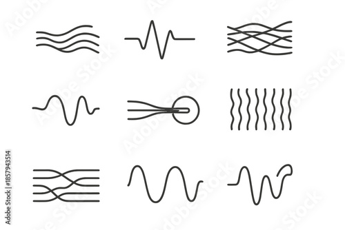 Streaming Data Icons. Line style icons of streaming data with pulse indicators: flowing data line, rhythmic pulse mark, layered