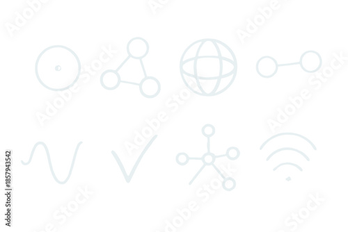 Opal-Light Network Icons. Line style icons of opal-light network symbols: glowing center, radiant connection, curved grid contour,