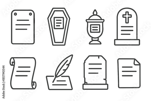 Funerary Record Icons. Line style icons of funerary record devices: burial ledger board, coffin-bound page, relic inscription tool