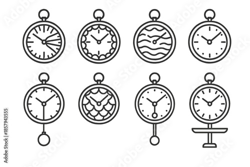 Marine Clock Icons. Line style icons of marine scale clocks: luminous fin dial, fish skin clock, ripple tick marker, aquatic