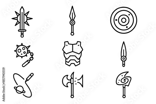 Cosmic Battle Icons. Line style icons of cosmic battle equipment: supernova blade, photon spear, plasma buckler, meteor hammer,