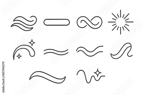 Polished Flow Icons. Line style icons of polished flow elements: glossy stream symbol, reflective current bar, seamless wave
