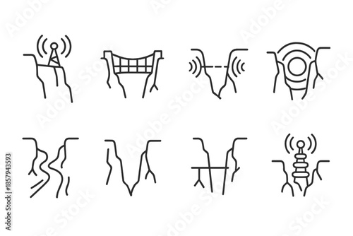 Gorge Sound Network Icons. Line style icons of gorge sound networks: cliff transmitter, sound bridge grid, vibration relay node,