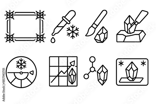 Crystalline Art Workshop Icons. Line style icons of crystalline art workshops: ice lattice frame, snow hue tool, frozen geometry