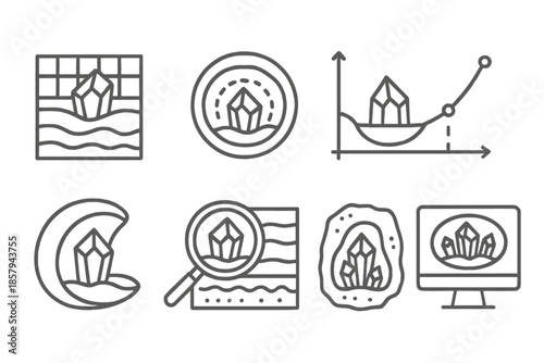 Subsurface Crystal Icons. Line style icons of subsurface crystal studies: mineral layer grid, geode mapping ring, cavity