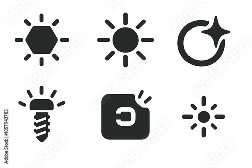 Glowing Hardware Icons. Solid style icons of a glowing fastener: bolt head, radiant beam, threaded screw, sparkle ring, metallic
