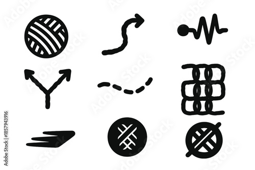 Yarn Wayfinding Icons. Solid style icons of yarn-based wayfinding systems: yarn ball, path arrow, pulse dot, directional node,