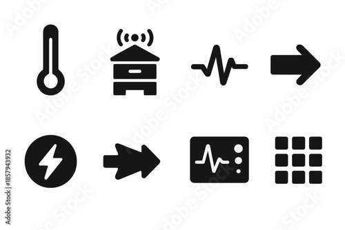 Apiary Temperature Monitoring. Solid style icons of apiary temperature control: digital thermometer, hive sensor, pulse line, flow