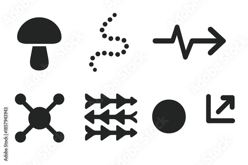 Fungal Analysis Icons. Solid style icons of flocking pattern fungus analysis: fungal cap, dotted swarm path, pulse line,