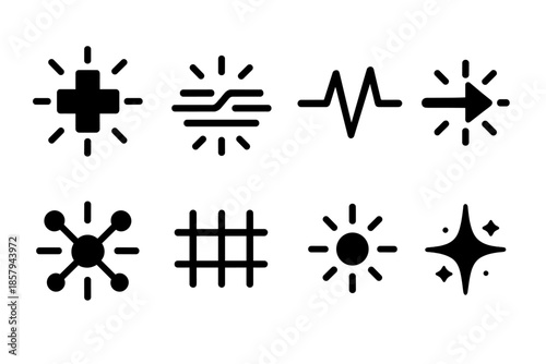 Radiant Mending Symbols. Solid style icons of radiant mending symbol: repair cross, glowing lines, pulse line, directional arrow,