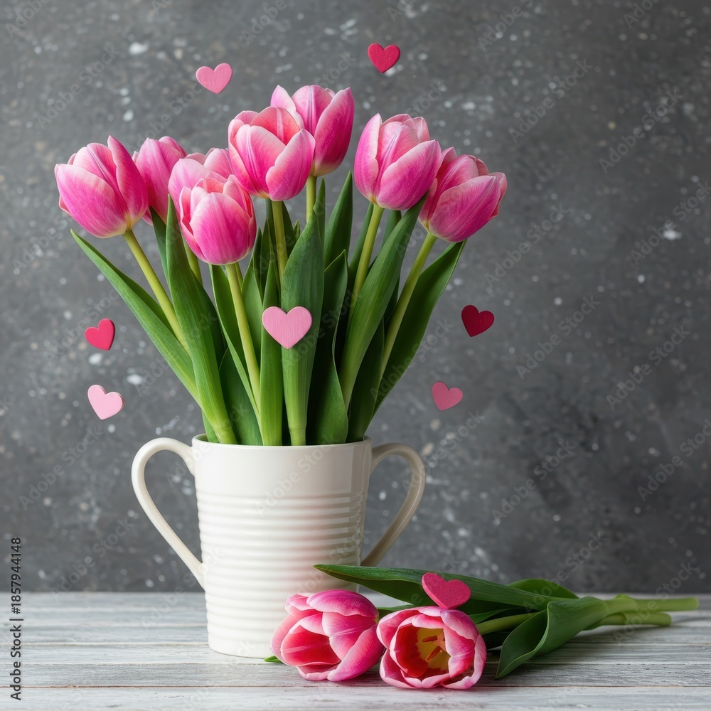 Fototapeta premium A delightful spring arrangement featuring soft pink tulips adorned with small, decorative hearts, symbolizing affection and tender love ,love ,decoration ,anniversary