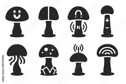 Magnetic Mushroom Icons. Solid style icons of a mushroom stone altering magnetism: magnetized cap rock, polarized fungal stone,