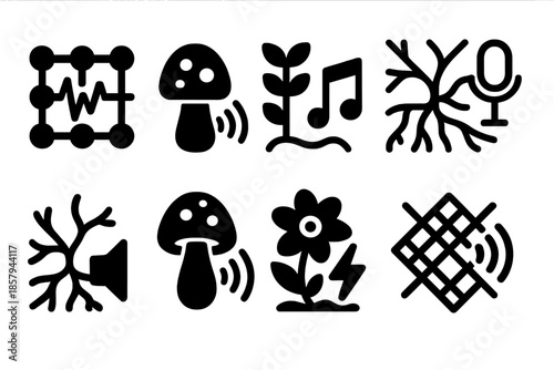 Sonic Symbiosis Icons. Solid style icons of sonic symbiosis systems: resonance spore grid, bio-acoustic fungus, sound-linked moss