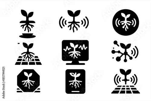 Root Listening Technology. Solid style icons of a projected root system listening tool: holographic root scanner, sound-mapping