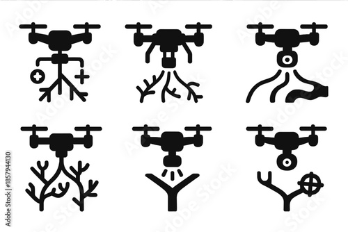 Hybrid Data Drone Icons. Solid style icons of a flying sensor for biological and geographical forks: hybrid data drone, dual-scan
