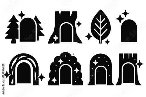 Glowing Woodland Door. Solid style icons of a twinkling woodland door: sparkling forest frame, luminous tree doorway, glowing leaf