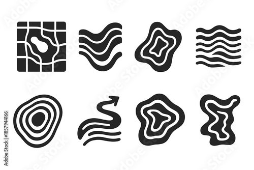 Fluid Topography Icons. Solid style icons of fluid topography mapping: water-contour grid, flowing elevation route, ridge flow