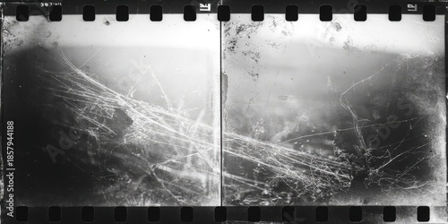 Aged black and white film with tangled lines, light leaks, and grainy texture