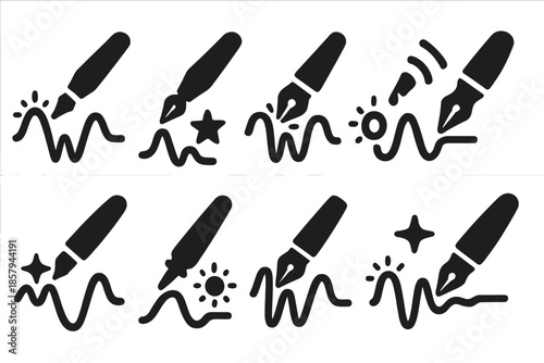 Cosmic Vibration Icons. Solid style icons of cosmic vibration writing: lightwave pen trail, stellar tremor ink, glowing energy