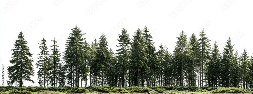 Obraz premium Dense row of evergreen trees against a bright, neutral sky background