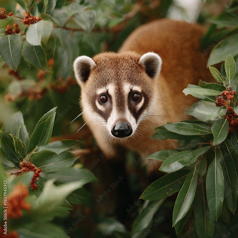 Obraz premium A Coati-sniffing is peeking out from behind some green leaves