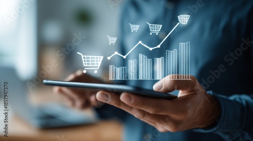 Businessman analyzing sales data on tablet.