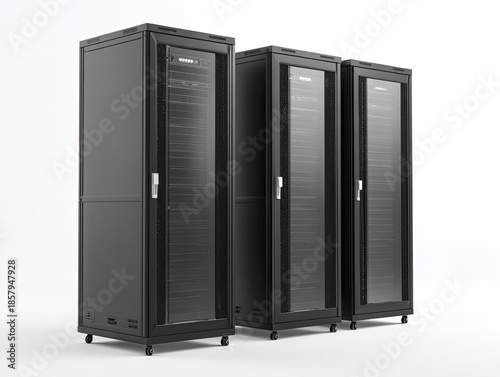 Three black server racks stand side-by-side on a white surface in a studio shot