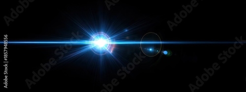 Bright blue light with lens flare and streaks on a black background