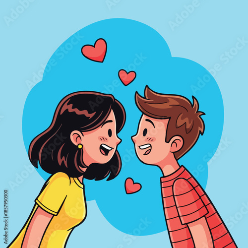 Young couple smiling at each other with love hearts expressing affection and happiness in colorful cartoon style vector illustration 