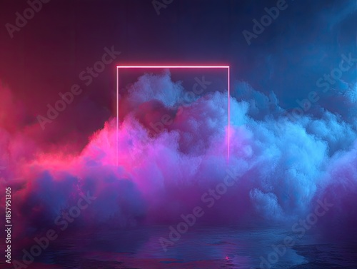 Pink neon square glows in blue & pink clouds on wet surface