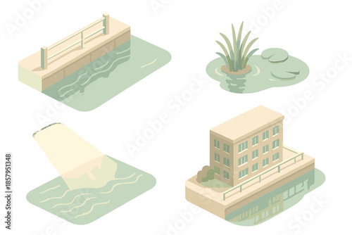 Modern Creek Revival. Isometric vector illustration set Modern Creek Revival: clean canal design, walkway rail, water plants,
