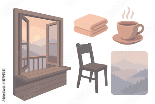 Cabin Dawn Stillness. Isometric vector illustration set Cabin Dawn Stillness: open porch window, glowing horizon, folded blanket,
