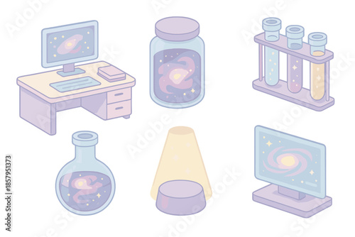 Interstellar Lab Icons. Isometric vector illustration set Interstellar Preservation Lab: laboratory desk, cosmic jar, glass tubes,