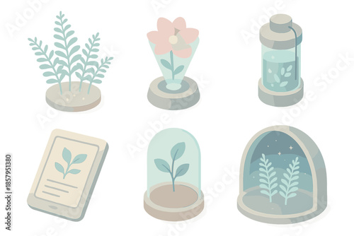 Hybrid Plant Observatory. Isometric vector illustration set Hybrid Plant Observatory: bioluminescent ferns, holographic flower,