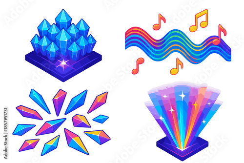 Crystalline Harmonic Symphony. Isometric vector illustration set Crystalline Lattice Song: glowing crystal grid, harmonic wave