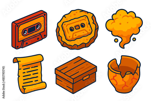 Archaeologic Audio Treasures. Isometric vector illustration set Archaeologic Audio Tape: vintage tape cassette, fossilized