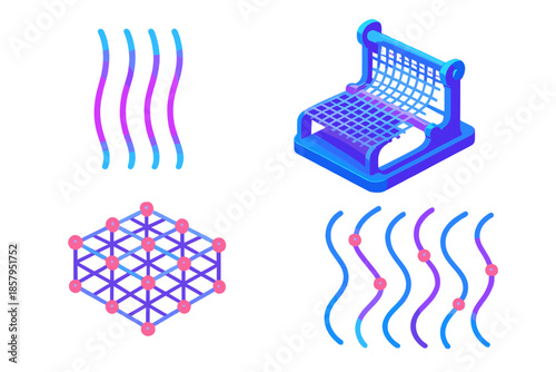 Quantum Weave Illustration. Isometric vector illustration set Quantum Loom Weave: luminescent warp threads, holographic loom,