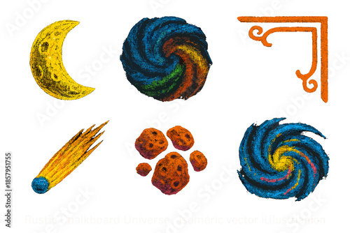 Chalkboard Universe Icons. Isometric vector illustration set Rustic Chalkboard Universe: chalk moon, hand-drawn nebula, rustic