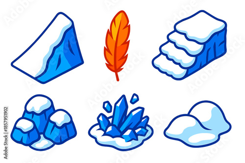 Avalanche Feather Icons. Isometric vector illustration set Avalanche Feather: snow-covered slope, floating feather, cascading snow