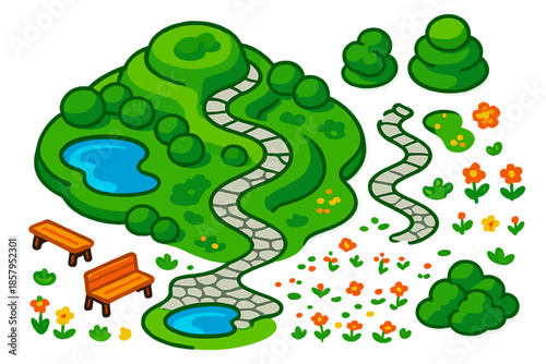 Topological Garden Map. Isometric vector illustration set Topological Garden Map: hilly garden layout, layered shrubbery, twisting