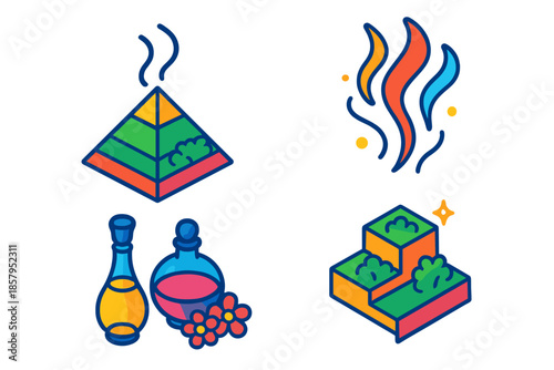 Scent Pyramid Design. Isometric vector illustration set Scent Pyramid Architecture: aromatic pyramid design, floating fragrance