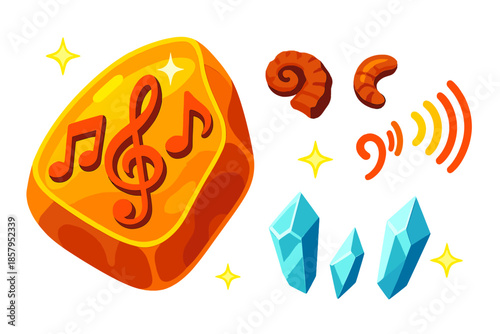 Fossilized Song Amber. Isometric vector illustration set Fossilized Song Amber: polished amber shard, embedded musical symbols,