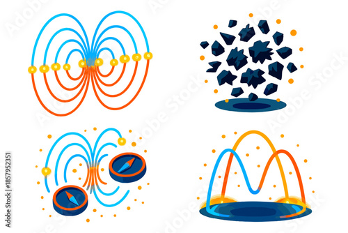 Magnetic Field Dynamics. Isometric vector illustration set Magnetic Field Portrait: magnetic flux lines, floating metal shavings,