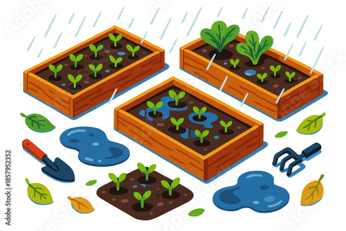 Vibrant Vegetable Patch. Isometric vector illustration set Vegetable Patch Rain: raised garden beds, sprouting vegetable plants,