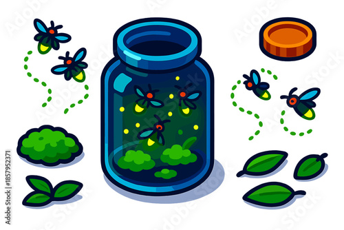 Luminescent Firefly Jar. Isometric vector illustration set Firefly Jar Glow: glass container with luminescent fireflies, floating